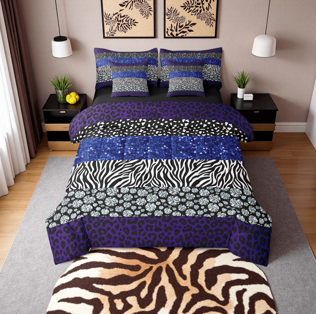 7Pcs Glitter Diamond Comforter Set Leopard Bedding Set Cheetah Print Comforter Animal Print Comforter + Flat Sheet + Fitted Sheet + 2 Pillowcases + 2 Throw Pillow Covers Queen (No Glitter No Sequin)