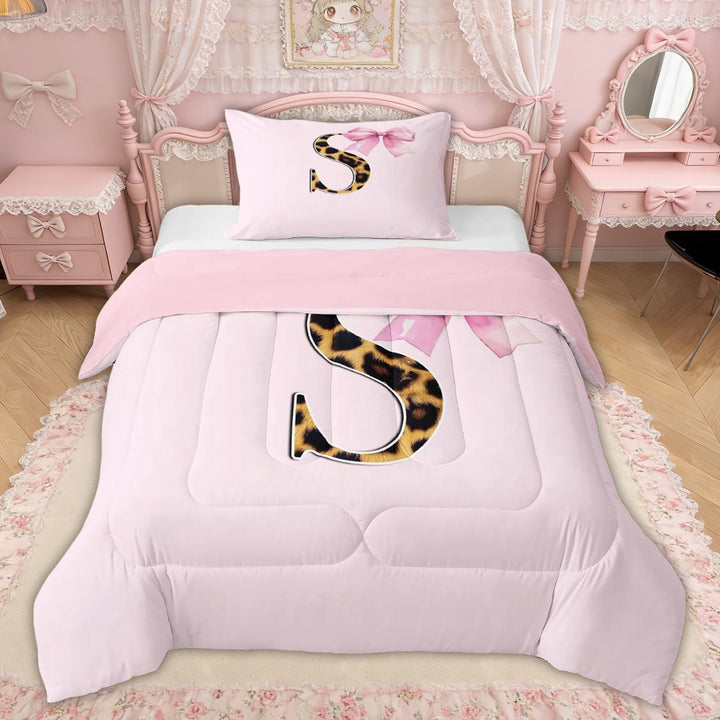 Erosebridal Pink Bowknot Letter S Twin Comforter Sets, Cheetah Leopard Print Bedding Set for Girls Kids, Pink Reversible, 2 Pieces