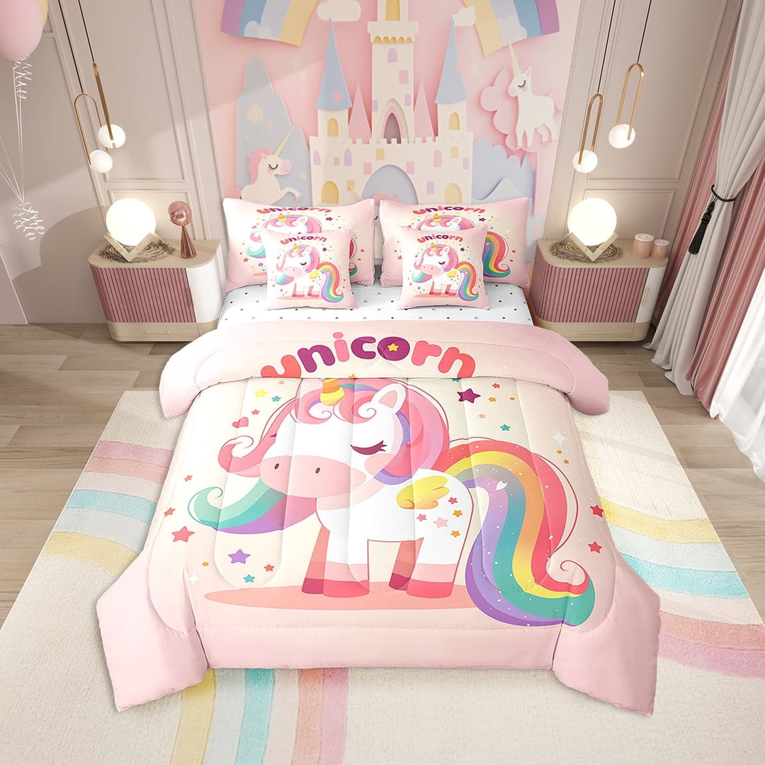 Erosebridal Girly Rainbow Unicorn Bedding Twin Size, Cute Stars Bedding Sets Twin Size, Cartoon Animal Decor, 7pcs