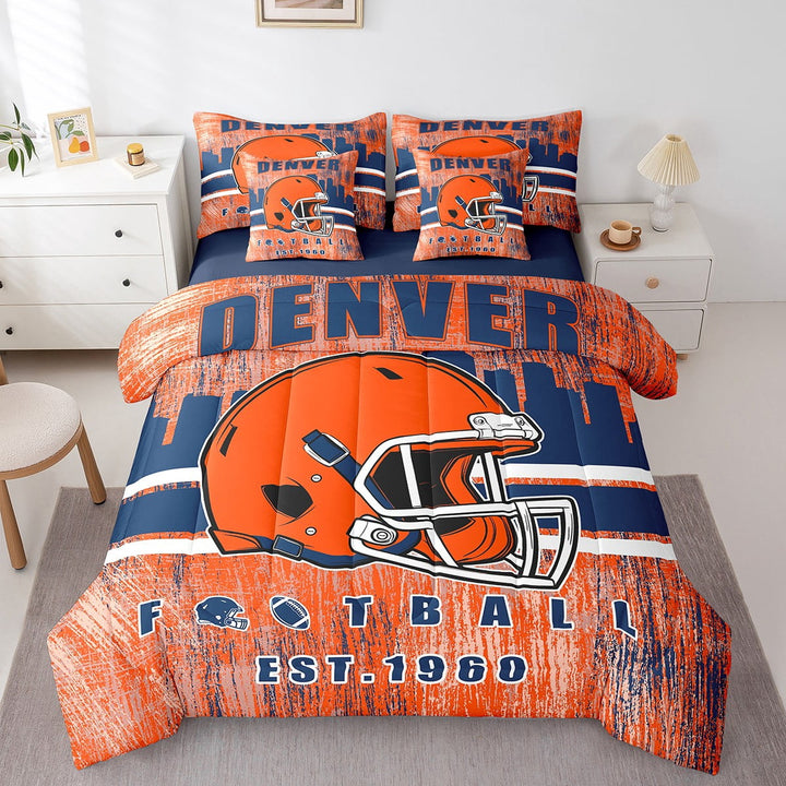 Erosebridal Sports Bed in a Bag Twin size, American Football City Quilted Comforter, Navy Orange, DENVER, Lightweight 7pcs