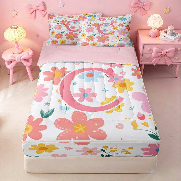 meiyoeat Watercolor Kawaii Flower Zipper Twin Comforter Sets with Fitted Sheet and 2 Pillowcases For Kids,Girls Personalized Monogram C Gifts Zipper Bedding Set,pink Reversible,4 Pieces