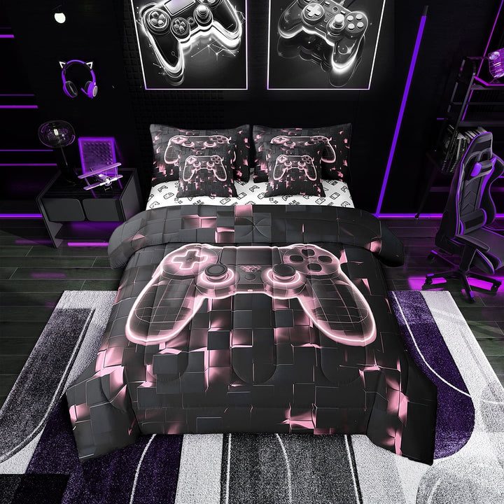 Gaming Bed in a Bag 7 Piece, Gamer Bed Sets With Sheet Set Pink Geometry Honeycomb Print Bedding With Comforter, Gamepad Controller Decor Fitted Sheet Abstract Plaid Cushiom Covers Twin