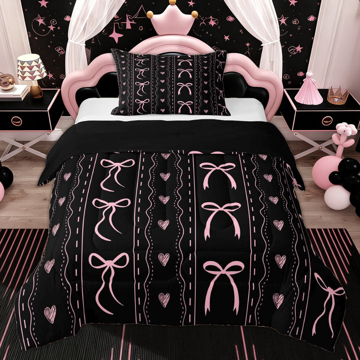 Erosebridal Black Pink Bow Twin Comforter Sets for Kids, Princess Ribbon Style Bedding Set, 2 Pieces