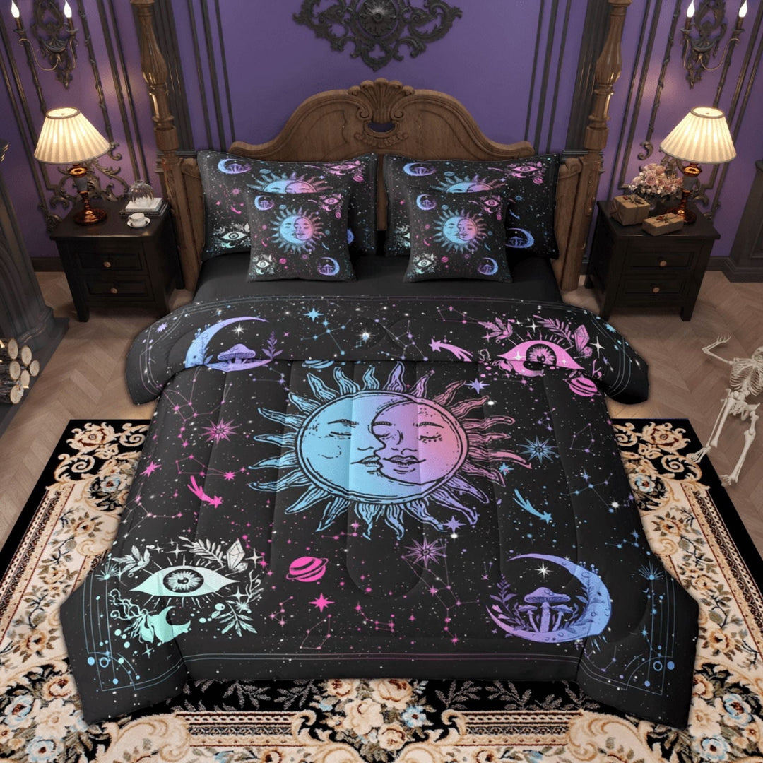 Manfei Vintage Sun Moon Star Twin Bedding Sets, Hippie Hamsa Eye Bedding Comforter Set, Boho Mushroom Zodiac Sheet Sets, Lightweight Room Decor Reversible 7 Pieces