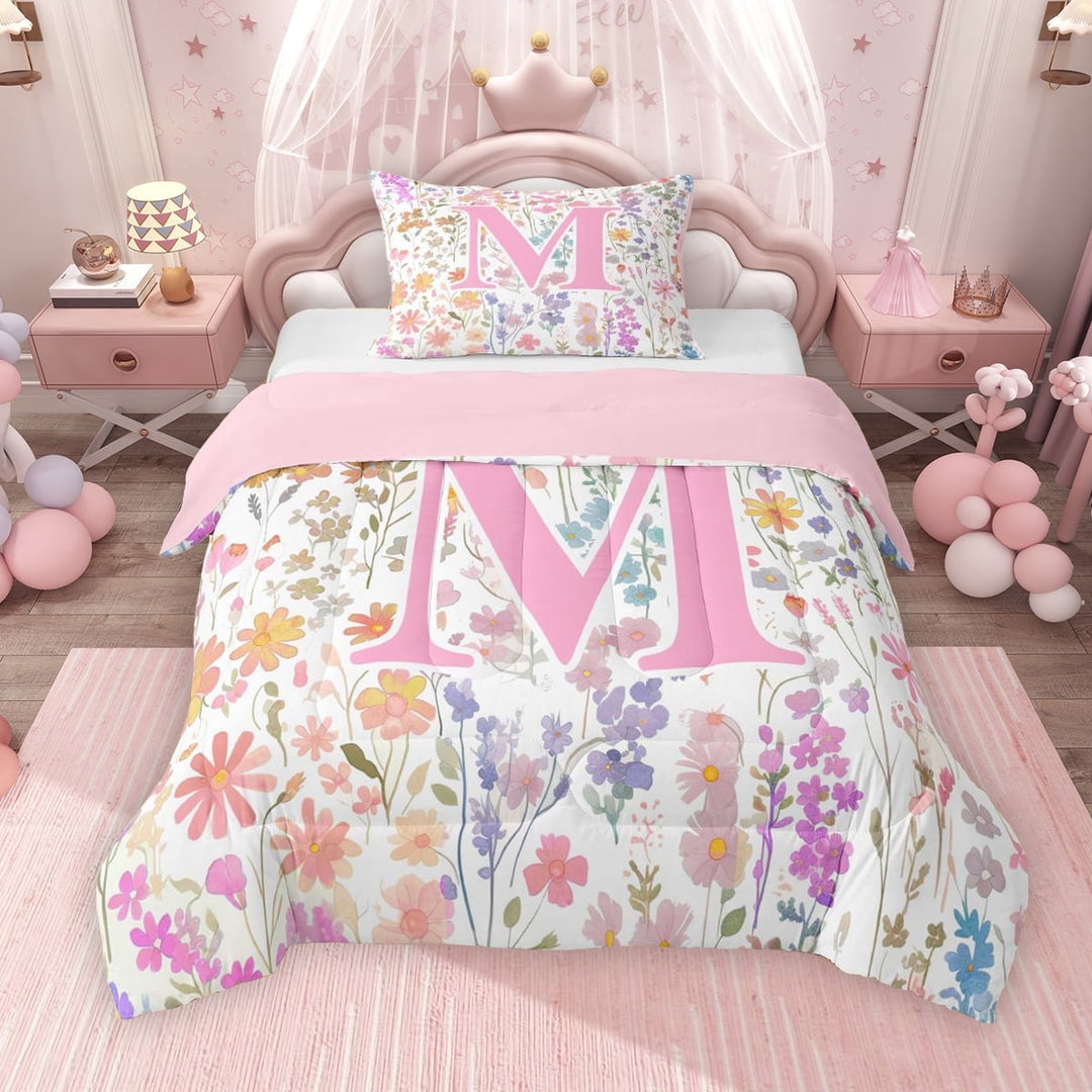 Erosebridal Erosebridal Girls Pink Floral Twin Comforter Sets, Garden Flower Bedding Set, Monogrammed M, Pink Reversible, 1 Comforter and 1 Pillowcase