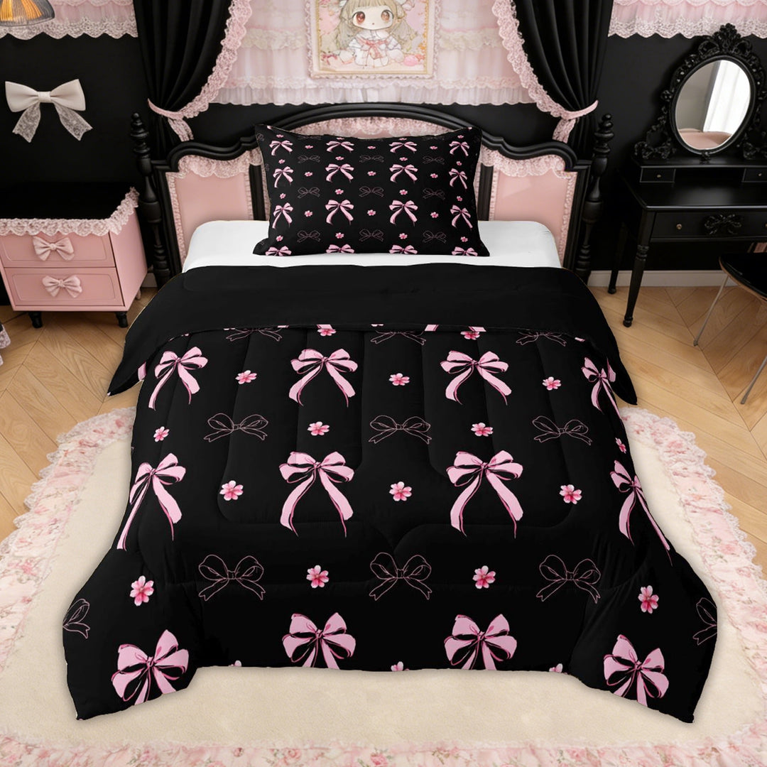 Erosebridal Princess Bow-tie Twin Comforter Sets for Girls, Black Pink Blossoms Flower Bedding Set, Black Reversible, 2-Piece