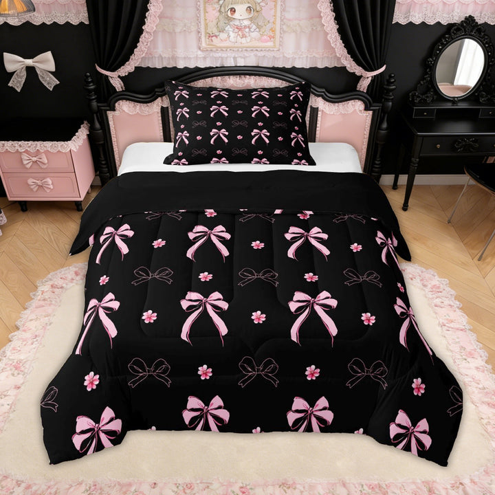 Erosebridal Princess Bow-tie Twin Comforter Sets for Girls, Black Pink Blossoms Flower Bedding Set, Black Reversible, 2-Piece