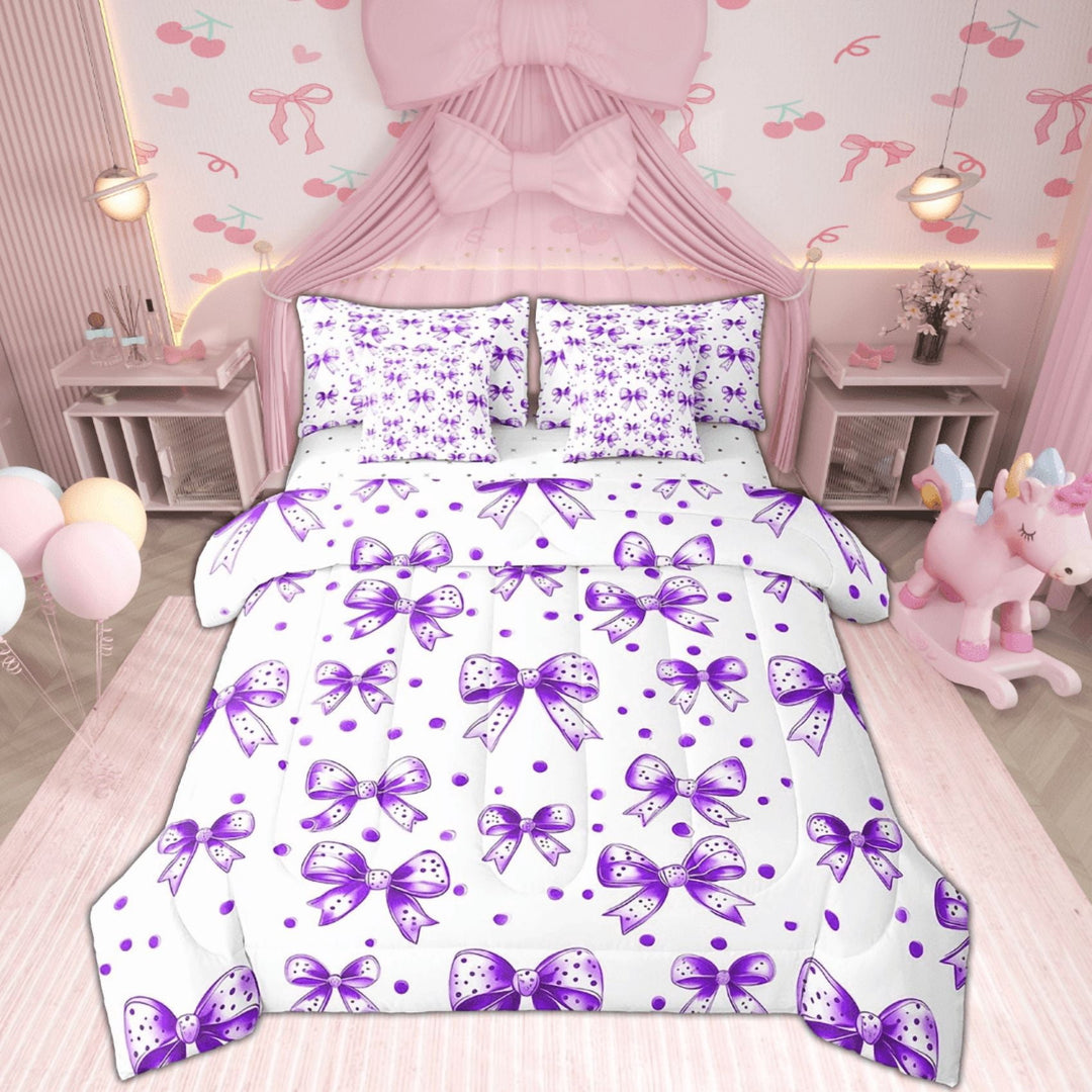 Erosebridal Purple Bow Bedding Twin Size, Girly Polka Dots Bed in a Bag Twin size, Reversible 7-Piece