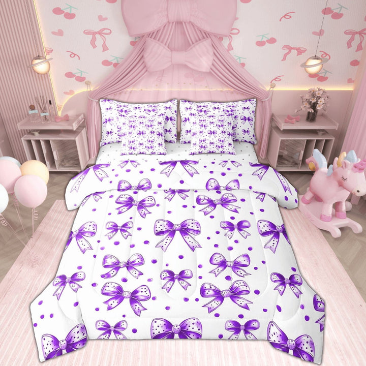 Erosebridal Purple Bow Bedding Twin Size, Girly Polka Dots Bed in a Bag Twin size, Reversible 7-Piece