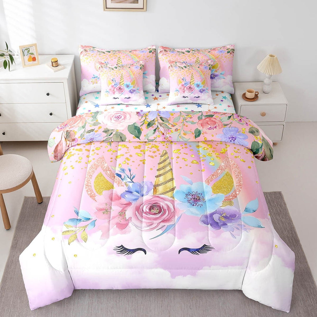 Twin Comforter Set,7 Pieces Flower Unicorn Bedding Sets Twin Bed in a Bag with Reversible Cartoon Unicorn Bed Set,Rainbow Unicorn Comforter, Sheets, Pillowcases and Shams