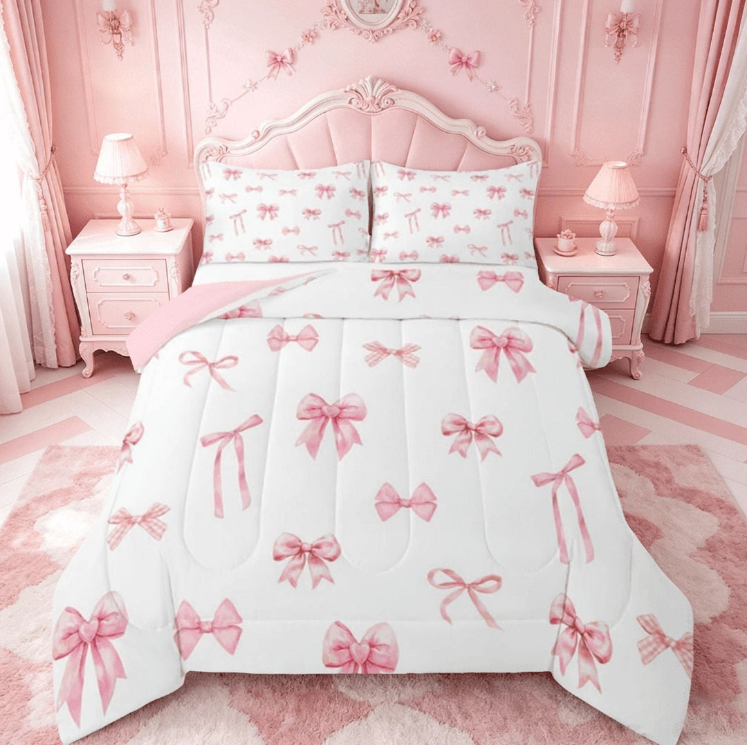 Manfei Pink Bow Full Size Comforter Sets For Girls, Cute Bowknot Kawaii Ribbon Bow Bedding Sets For Girl Reversible 3pcs