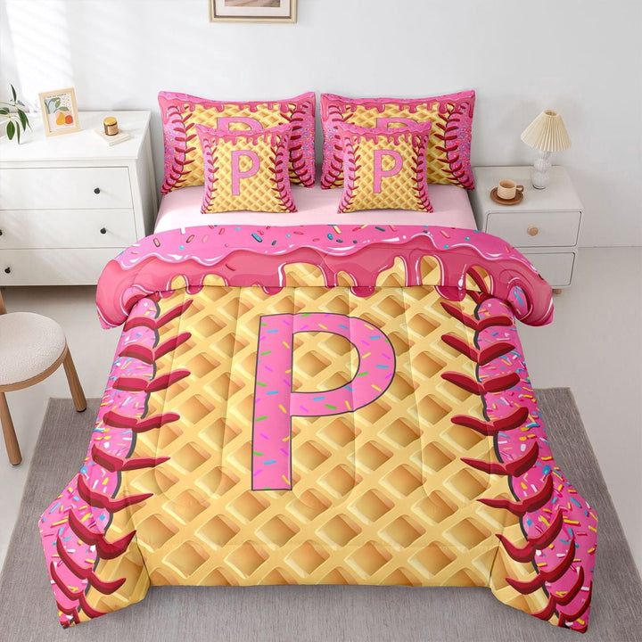 Erosebridal Baseball Ice Cream Twin Bedding Sets for Kids, Pink Initial P Letter Bedding Comforter Set, 7 Pieces