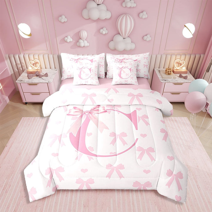 Pink Bow 7 Pieces Bedding Set Full,Initial Letter C Chic Romantic Bed in a Bag for Young,Princess Style Bowknot Love Hearts Girly Fairy Comforter Set with Sheets,Pillow Covers