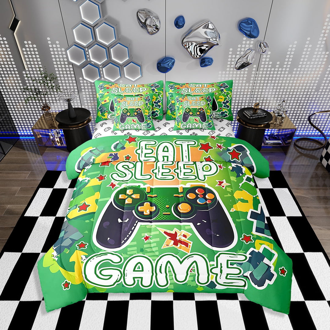 Erosebridal Gamer Comforter Set with Sheets Twin Size Gaming Bed in a Bag Set Teens Modern Game Console Controller 7 Pieces Bedding Set Joystick Room Decor Green