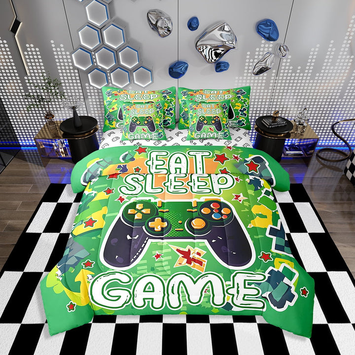 Erosebridal Gamer Comforter Set with Sheets Twin Size Gaming Bed in a Bag Set Teens Modern Game Console Controller 7 Pieces Bedding Set Joystick Room Decor Green