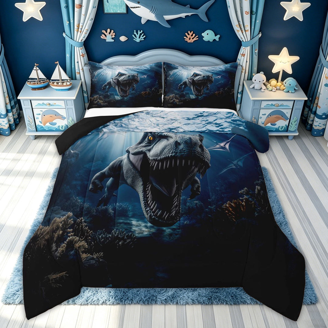 meiyoeat Ocean Underwater Dino Full Size Comforter Sets for Boys Men, Mystic Sea Animal Bedding Comforter Set, Blue Gray, Black Reversible, 3pcs, 1 Comforter and 2 Pillowcases