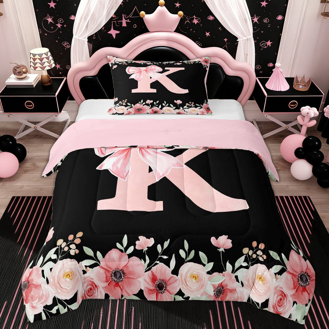 Erosebridal Princess Bow K Twin Comforter Sets, Spring Flower Bedding Set, Pink Reversible, 2-Piece