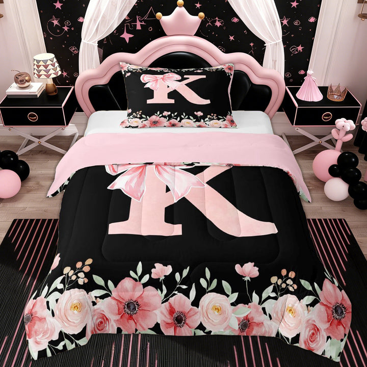 Erosebridal Princess Bow K Twin Comforter Sets, Spring Flower Bedding Set, Pink Reversible, 2-Piece