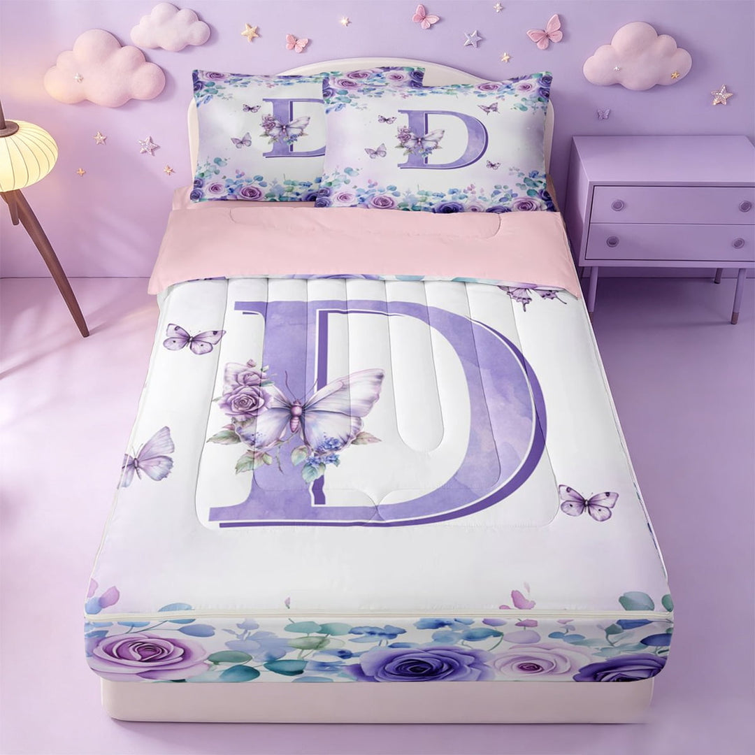 meiyoeat Purple Monogram D Zipper Full Size Comforter Sets with Fitted Sheet and 2 Pillowcases For Girls,Rustic Plant Floral Zipper Bedding Set,Pink Reversible,4 Pieces