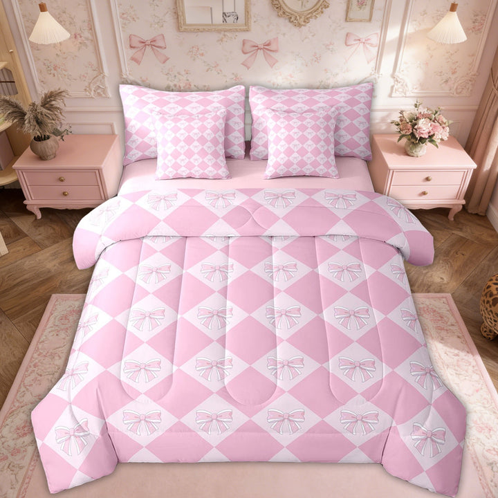 Erosebridal Kawaii Bowknot Twin Comforter Set 7 Piece Fantasy Princess Bedding Set Teen Room Decor,Pink Girly Plaid Bed In A Bag With Sheets Cute Bow Checkered Bed Set