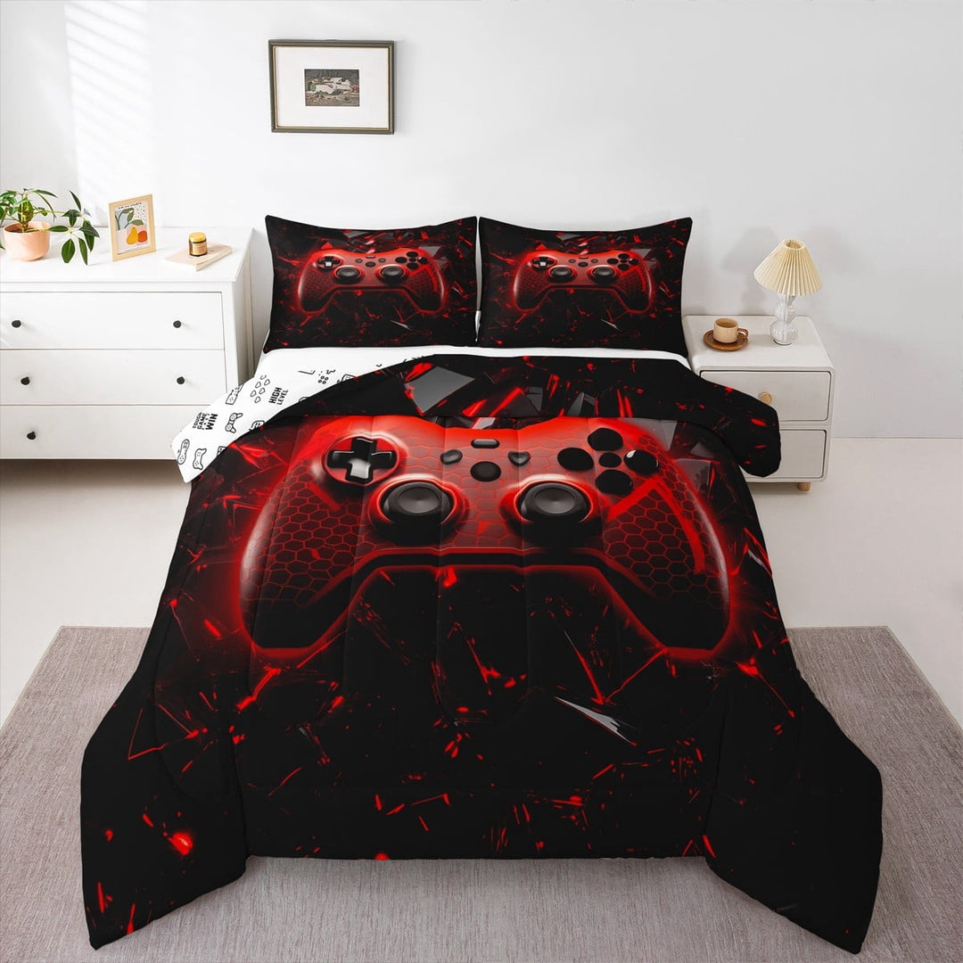 Gamer Comforter Set Twin Size,Gamepad Down Comforter 2Pcs,Teens Video Games Bedding Set,Black Red Geometric Honeycomb Gaming Duvet Insert Cartoon Game Reversible Decor,1 Pillowcase