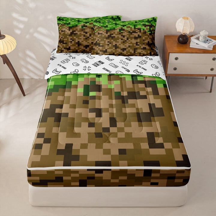 meiyoeat Pixel Game Print Zipper Full Size Comforter Sets with Fitted Sheet and 2 Pillowcases for Kids Boys, Green Brown Grass Block Zipper Bedding Set, Gamepad ReversibleB