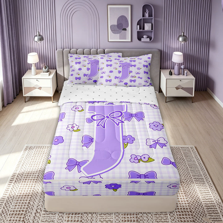 meiyoeat Cute Bow Letter J Zipper Comforter Set with Fitted Sheet and 2 Pillowcases for Girls, Floral Plaid Zipper Bedding Set for Bedroom, Purple, Reversible, 3-Piece