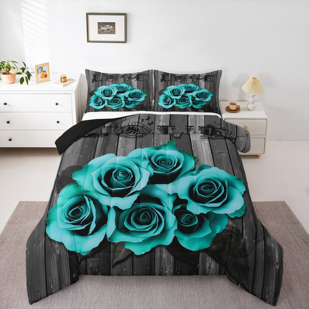 Turquoise Grey Bedding Set Teal Rose Flowers Comforter Set Full Men Women Valentine&