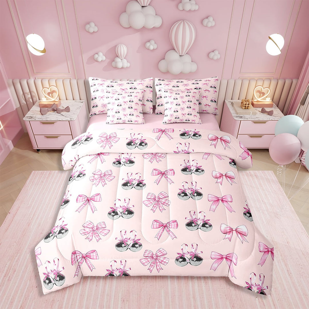 Erosebridal Pink Bowknot Comforter Set with Sheets Ribbon Bow 7 Piece Bedding Set Disco Mirror Ball Bed in a Bag Western Cowgirl Bed Set Twin Size
