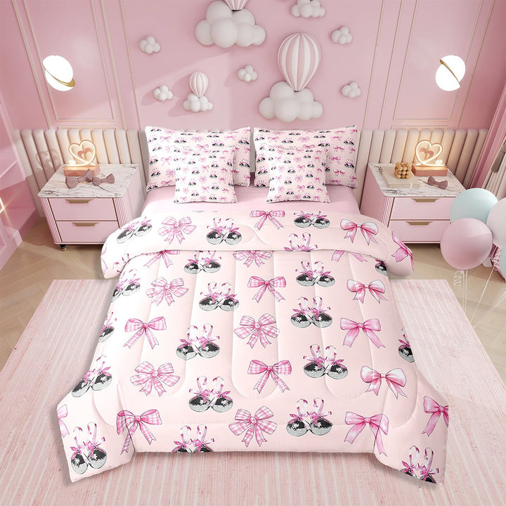Erosebridal Pink Bowknot Comforter Set with Sheets Ribbon Bow 7 Piece Bedding Set Disco Mirror Ball Bed in a Bag Western Cowgirl Bed Set Twin Size