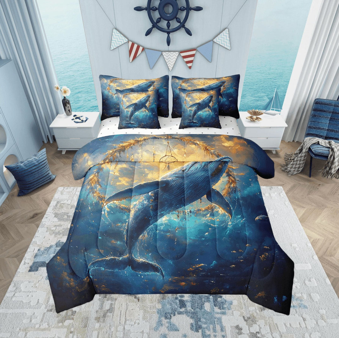 Whale Bed in a Bag Queen Comforter Set 7 Piece,Dreamcatcher Bedding Sets,Boho Feather Sheet Set with Comforter Nautical Sea Animals Bed Set,Exotic Bohemian Decor