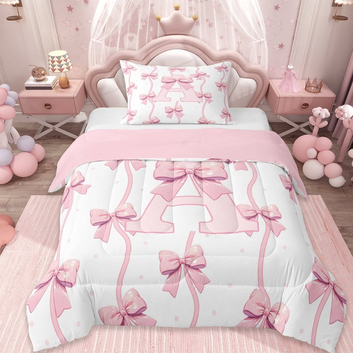 Erosebridal Cute Coquette Bowknot Twin Comforter Sets,Girls Pink A Alphabet Bedding Set For Bowtie Lovers, Reversible 2pcs