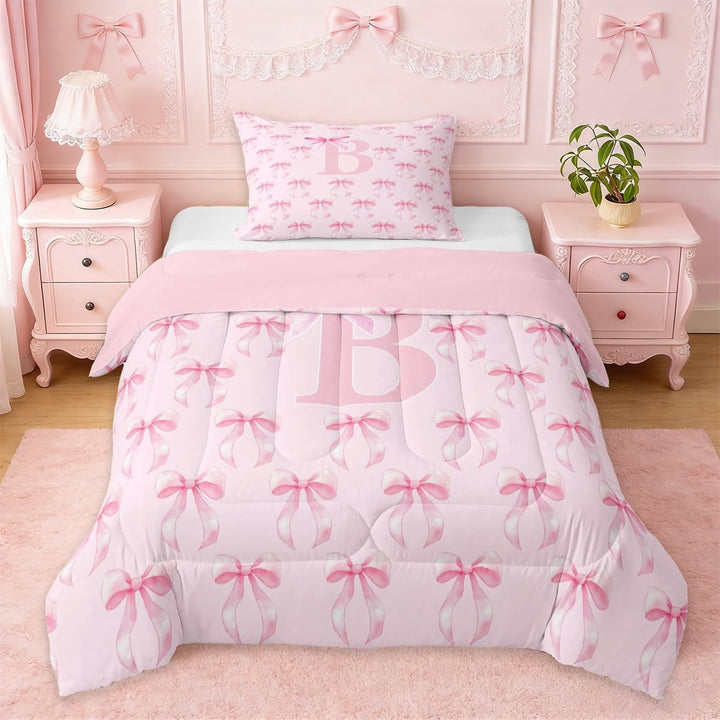 Erosebridal Coquette Bow Twin Comforter Sets For Kids,Pink Letter B Monogram Bedding Set,Pink Reversible,2-Piece