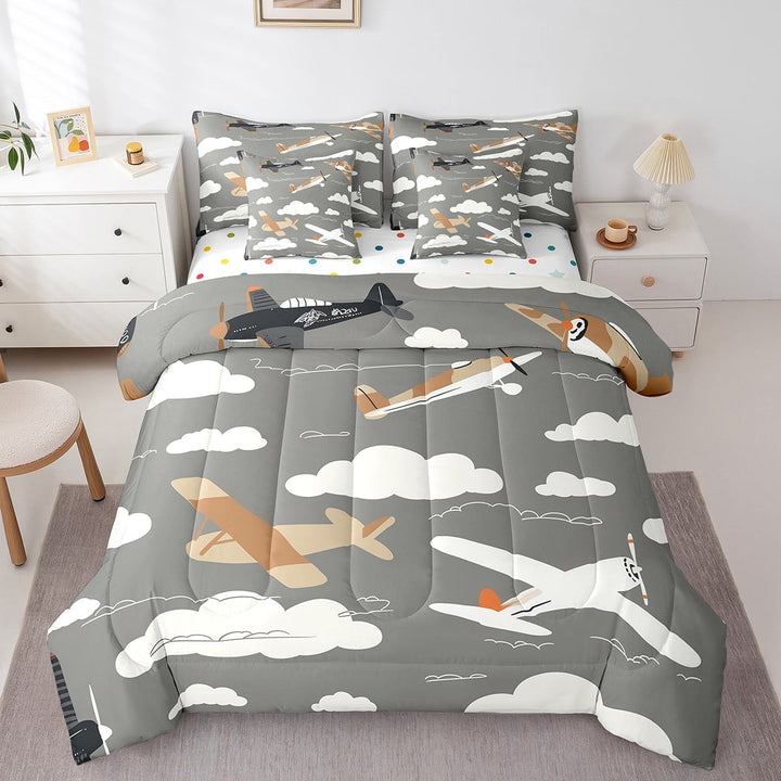 7 Piece Cartoon Airplane Comforter Set King,Aircraft Bedding Set With Sheets Sky Clouds Bed In A Bag,Reversible Colorful Dots Bed Set With Comforter,Pillow Covers