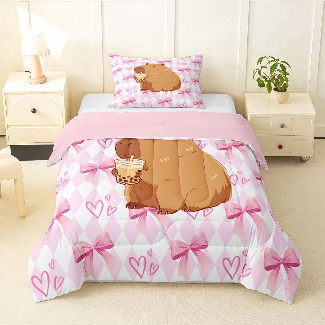 Erosebridal Kids Kawaii Capybara With Bubble Tea Twin Comforter Sets 3-Piece,Boys Girls Cute Ribbon Bow Geometric Plaid Bedding SetPink Reversible
