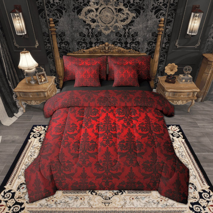 Gothic Bed in a Bag King Size Comforter Set 7 Pieces,Adults Black Damask Bedding Sets,Victorian Sheet Set with Comforter Vintage Baroque Goth Antique Black Floral Bohemian Decor,Red