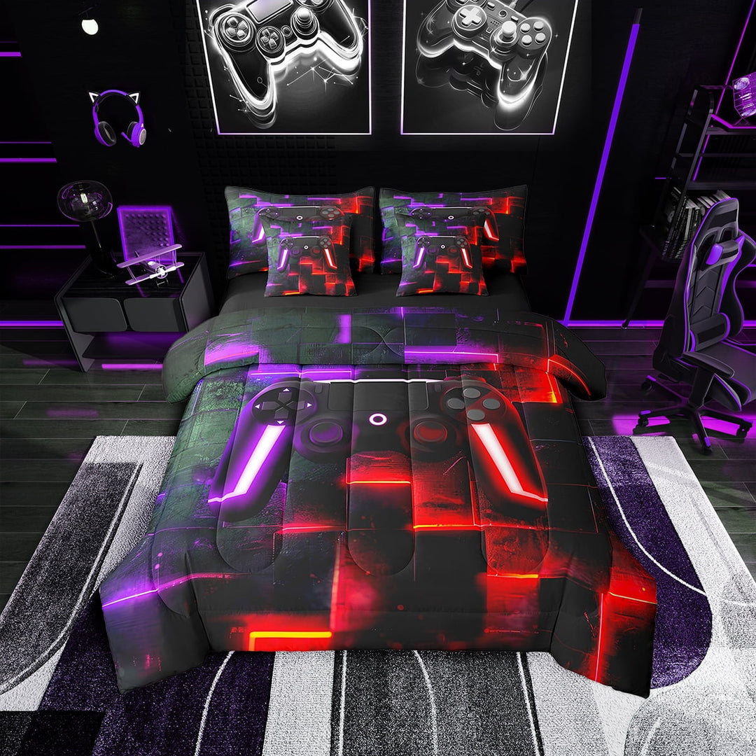 7-Piece Gamepad Gamer Bed in a Bag for Young Boys Aesthetic Gradient Plaid Bedding Set, Black Red Purple Twin Size Comforter Set Gaming Video Game Bedding Comforter Sets, Modern Ombre Buffalo Bed Set