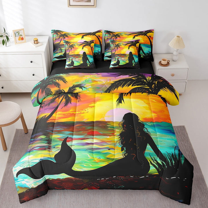 Erosebridal Mermaid Print Bedding Twin Size, Beach Ocean Bedding Sets Twin Size, Romantic Sunset Decor, Reversible 7 Pieces