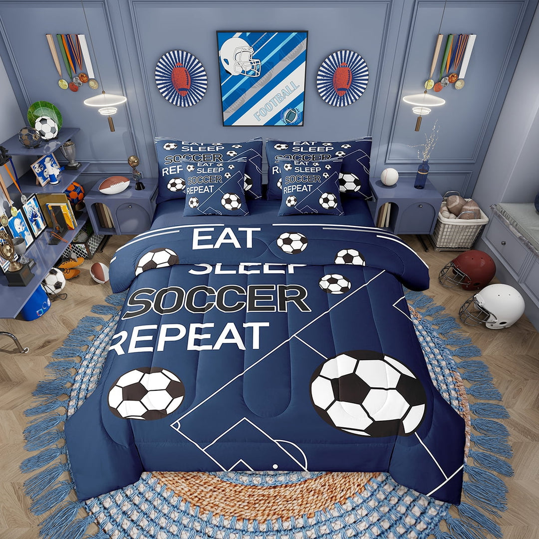 Eosebridal Soccer Comforter Set Twin Size 7 Pieces Football Navy Blue Bedding Set Sports Games Theme Bed in a Bag with Comforter,Sheets