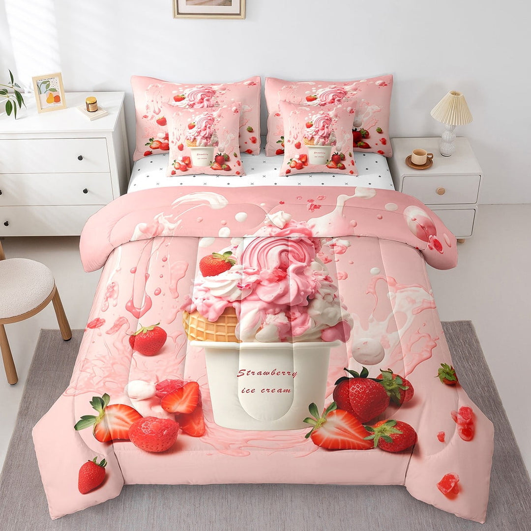 Ice Cream Bed In A Bag 7-Piece,Strawberry Queen Size Comforter Set,Girly Pink Bedding Set, Summer Dessert Sheet Set With Comforter, Summer Holiday Bed Set