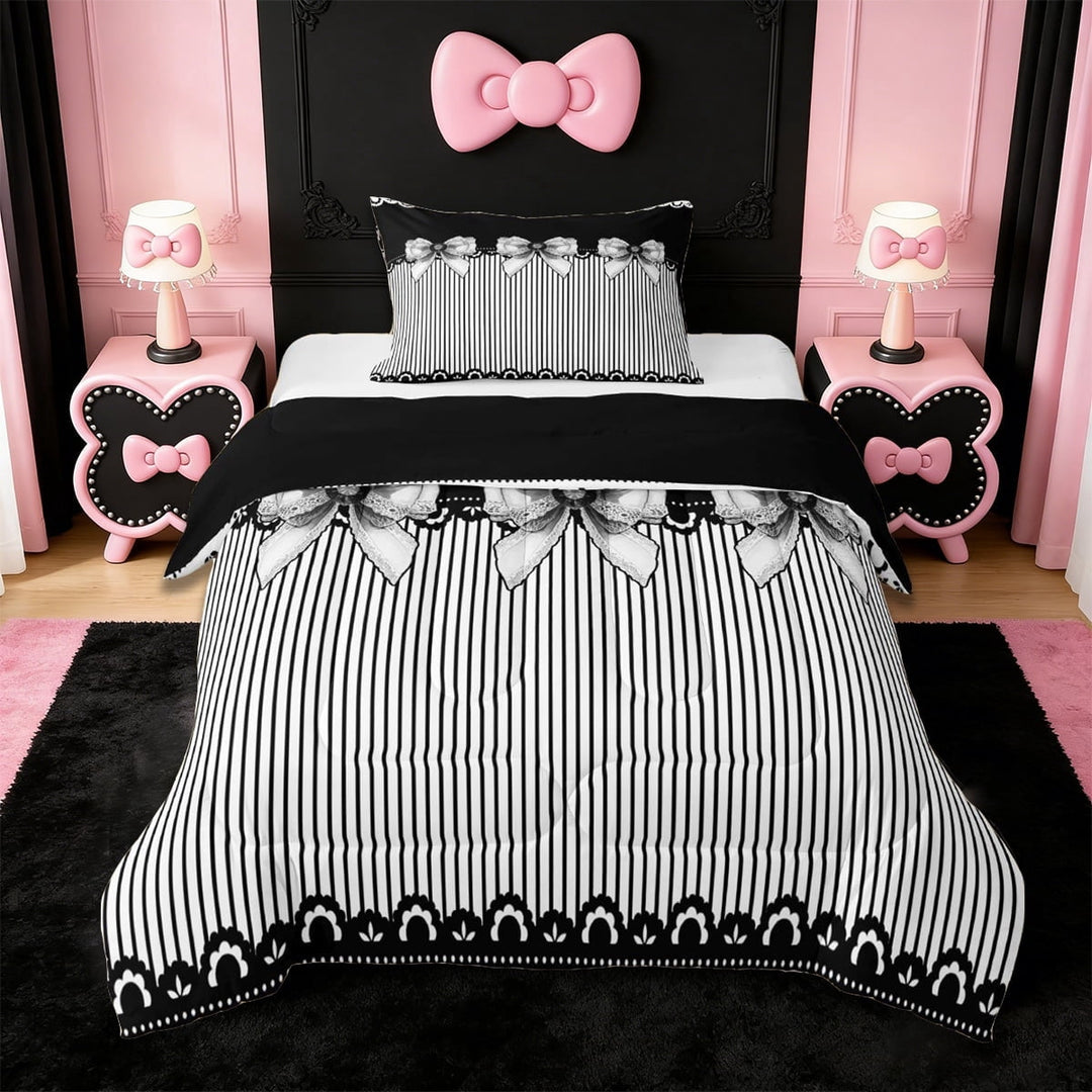 Erosebridal Cute Kawaii Bowknots Twin Comforter Sets,Modern Geometric Lines Bedding Set For Bowknot Lovers, Reversible 2-Piece