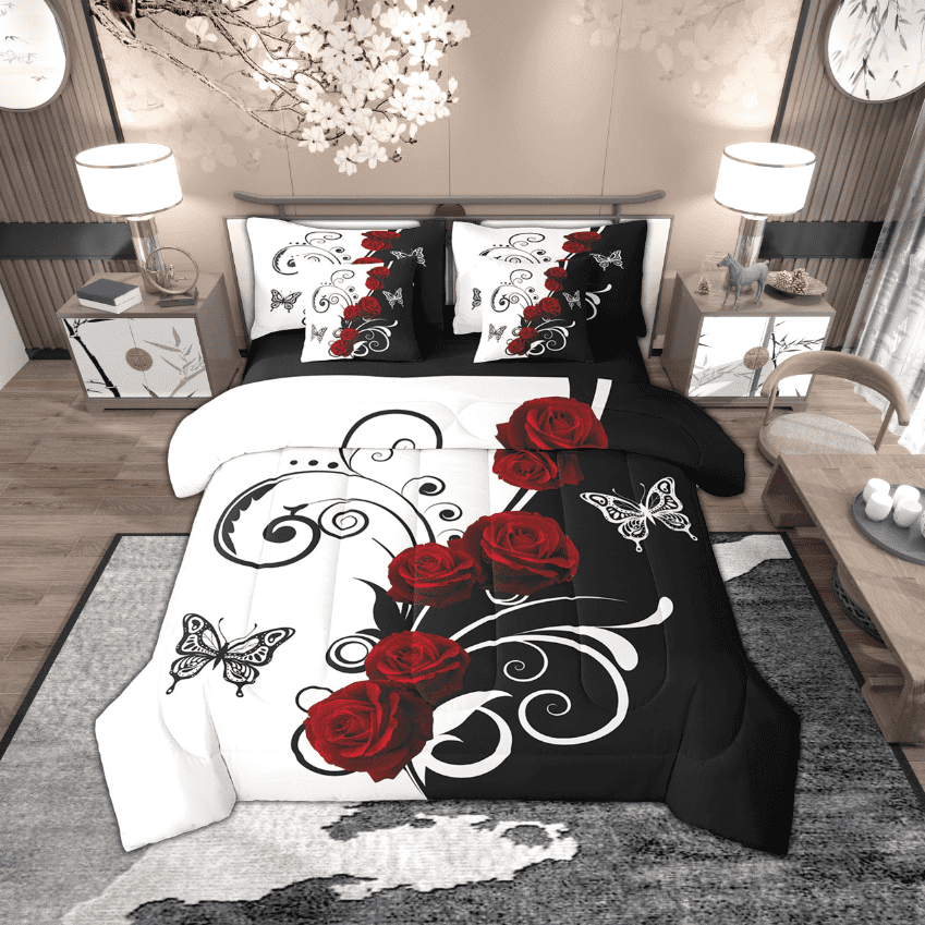 Manfei Red Rose Floral 7 Pieces Bed in a Bag Full Size for Girls, Black and White Bed Set, Butterfly Print Bed Sheets Setp with Comforter, Breathable Room Decor