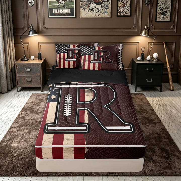 meiyoeat Football Letter R Zipper Twin Comforter Sets with Fitted Sheet and 2 Pillowcases for Men Boys, US Flag Initial Zipper Bedding Set for Game Day, Brown, Black Reversible, 4pcs