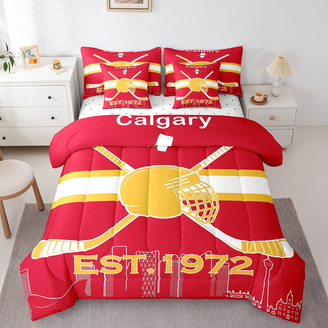 Erosebridal Hockey Bedding 7PCS Twin Size Comforter Sets Winter Sports Bedding Sets Ice Hockey Comforter Set (1Comforter, 1Flat Sheet, 1Fitted Sheet, 2Pillowcases,2 Throw Pillow Covers),Calgary