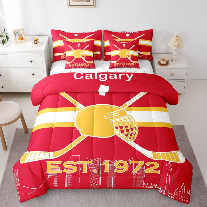 Erosebridal Hockey Bedding 7PCS Twin Size Comforter Sets Winter Sports Bedding Sets Ice Hockey Comforter Set (1Comforter, 1Flat Sheet, 1Fitted Sheet, 2Pillowcases,2 Throw Pillow Covers),Calgary
