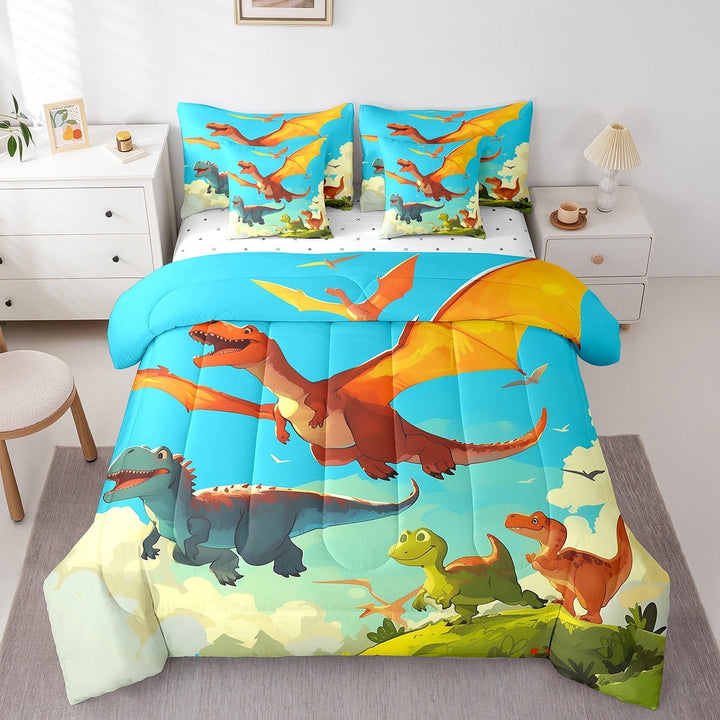 Erosebridal Dinosaur Bed In A Bag Twin 7 Pieces, Wild Animal Comforter Cute Dinosaurs Fitted Sheet Teens, Ancient Wildlife Flat Sheet, 2 Pillow Cases, Throw Pillow Covers