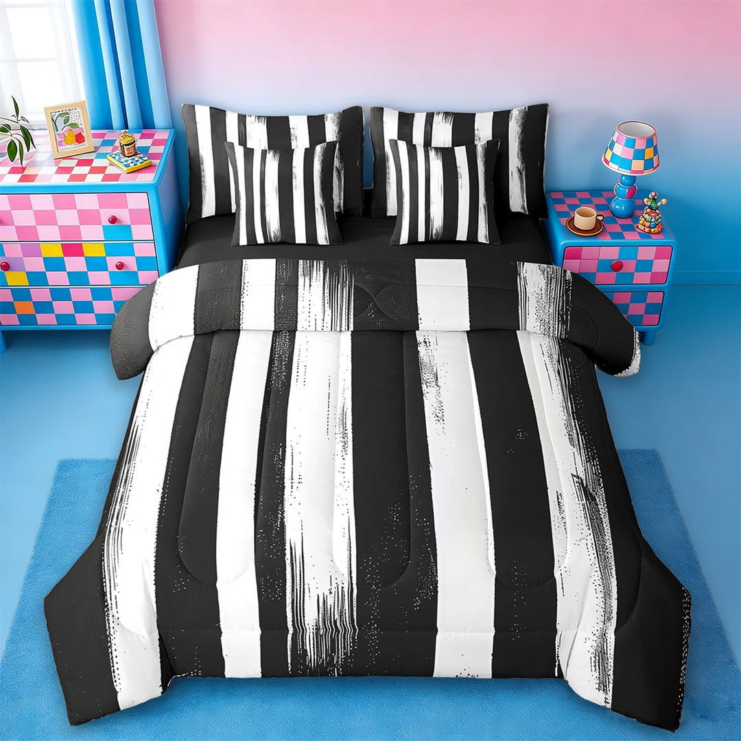 Erosebridal Black Splashing Ink Bedding Sets Queen Size,Abstract Geometric Stripes Comforter Sets with Sheets,Modern Desgin Bed in a Bag Queen Size,Ultra Soft Bedroom Decor Reversible,7-Piece