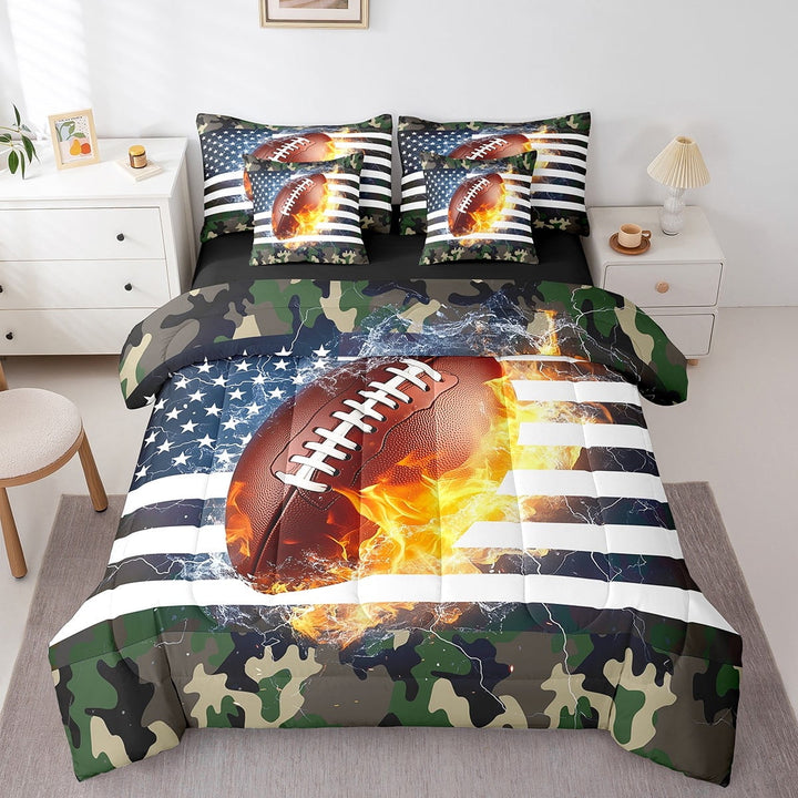 American Football Bed In A Bag 7 Piece s, Camouflage Bedding Set Full Size, Sports Games Comforter Set Usa Federations Stars Bedding Comforter Sets Teens, Army Green Bed Set