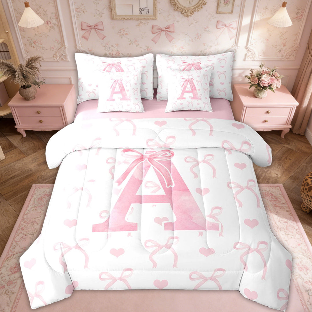 Erosebridal Pink Bowknot Bed in a Bag Twin size, Initial A Letter Bed Set, Cartoon Love Decor, Reversible 7pcs