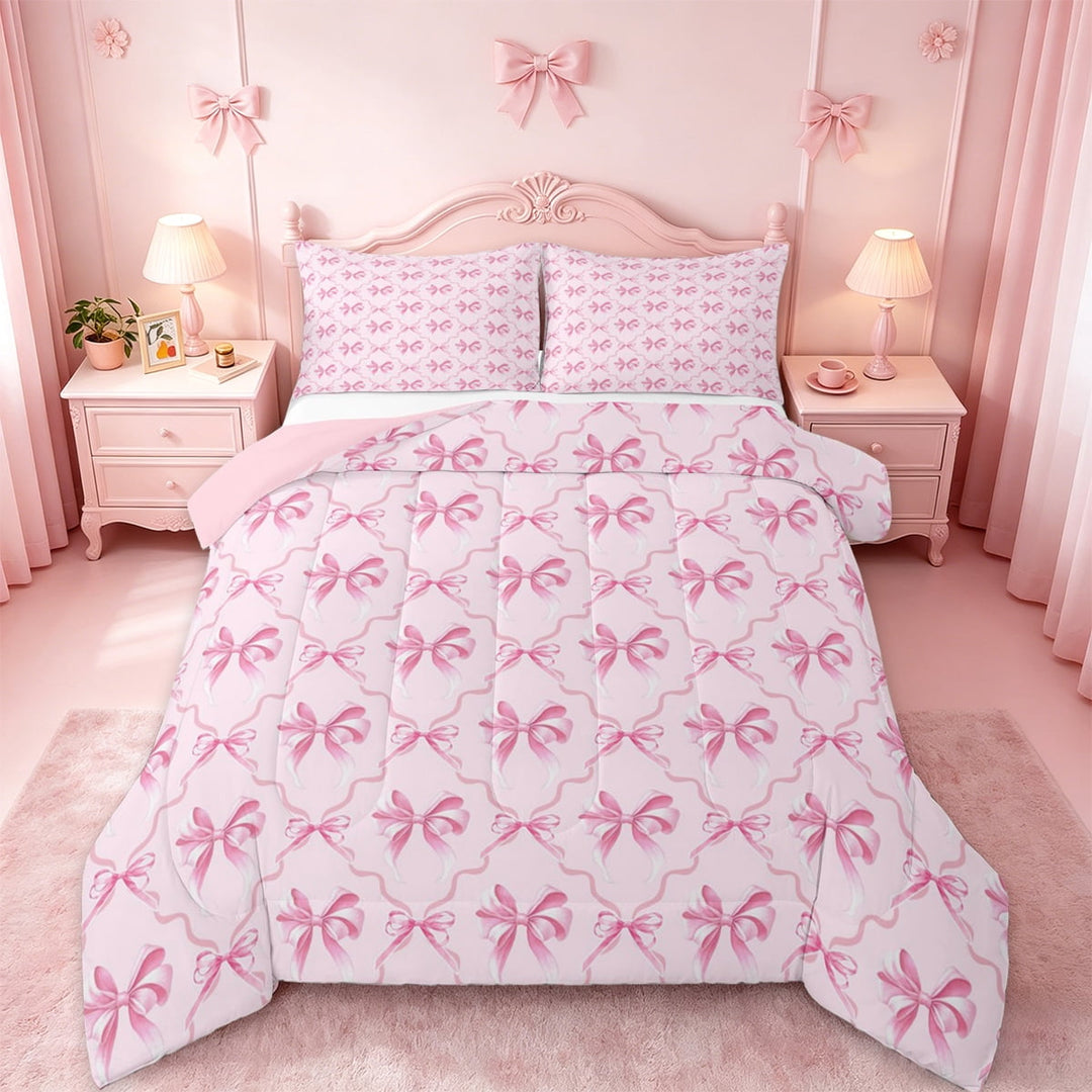 Manfei Lovely Bow Knot Bedding Comforter Set,Princess Bowtie Twin Comforter Sets,Girl Pink Bedding Set For Teens,Luxury Bedroom Decor Reversible,2 Pieces